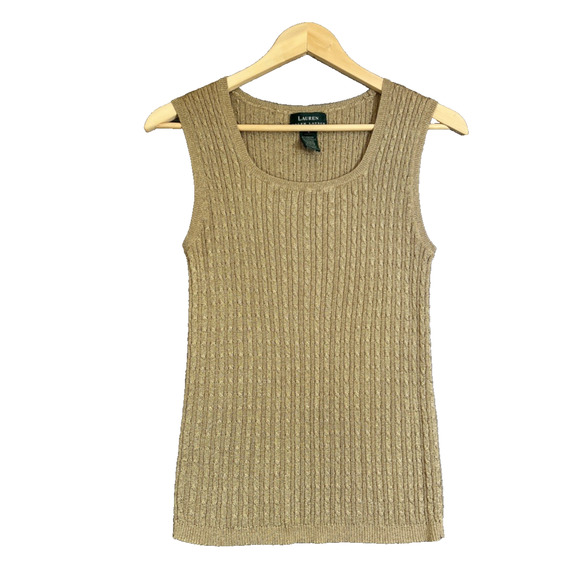 Lauren Ralph Lauren Sweater Tank Large Gold Metallic Cable Knit Ribbed Scoop - Picture 1 of 8